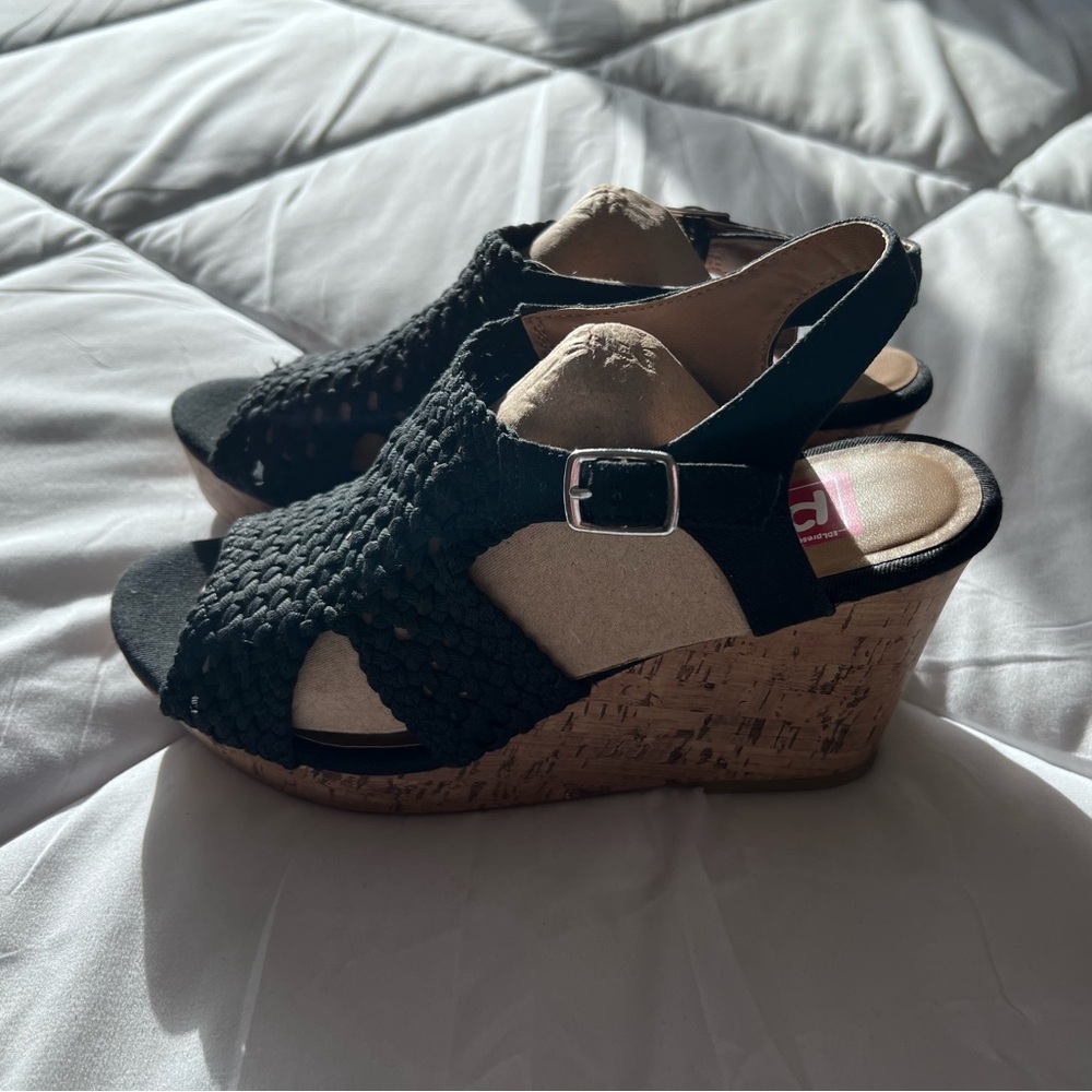 POP Black Woven Wedge Heel Sandals 8M